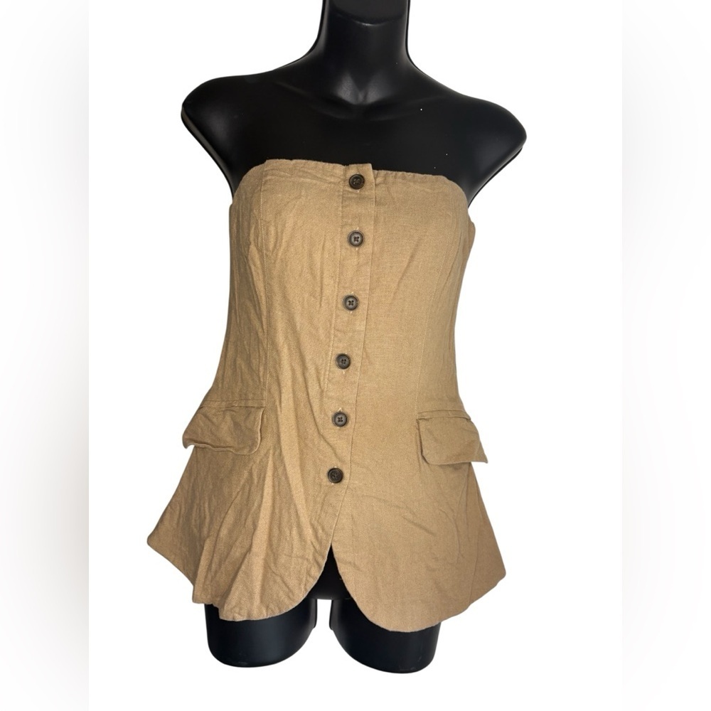 Universal Thread tan Linen Suiting Tube strapless button down top XS pockets